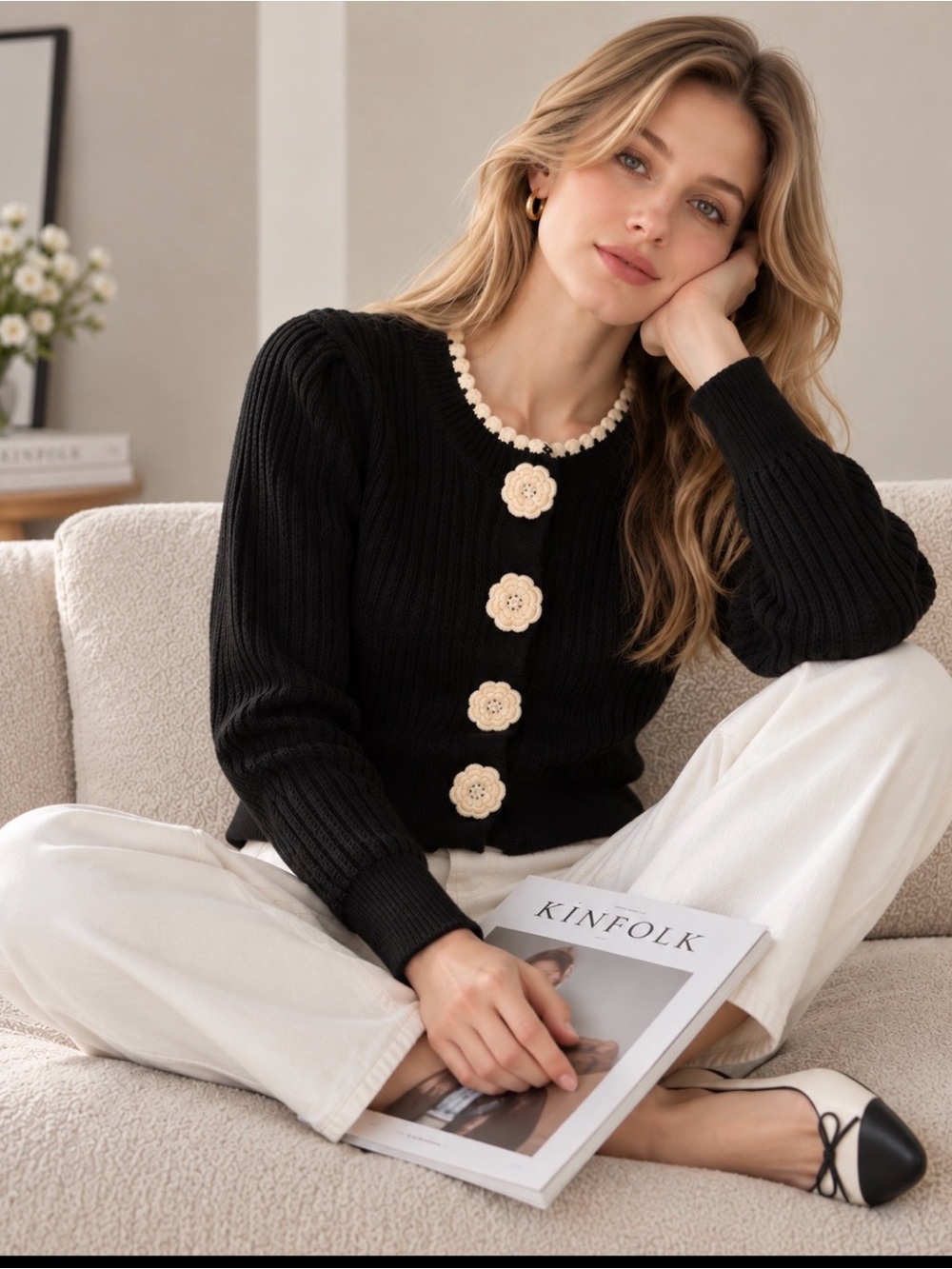 Black Knit Crewneck Cardigan with Cream Floral Buttons L